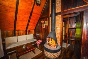 una sala de estar con chimenea en una casa en Hotel Fazenda Floresta Negra, en Monte Verde