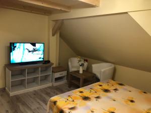 um quarto com uma cama e uma televisão de ecrã plano em Apartmány Matilda em Pribylina