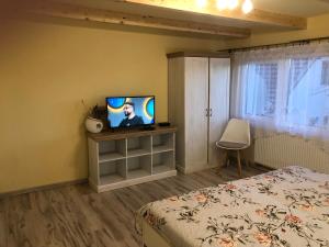 um quarto com uma cama e uma televisão numa prateleira em Apartmány Matilda em Pribylina