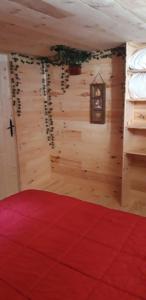 um quarto com paredes de madeira e um tapete vermelho em Chez Pépino em Lanslebourg-Mont-Cenis