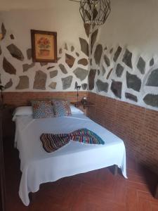 a bedroom with a bed with a stone wall at Casita Rural con Jacuzzi climatizado. in Los Realejos