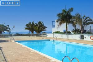 basen z palmami i oceanem w obiekcie Casa Maresía Las Moreras con Vista Mar en primera linea y Piscina compartida w mieście Playa Blanca