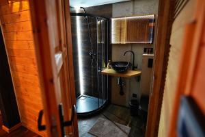 a bathroom with a shower and a sink in it at Apartament Piorun in Mrągowo