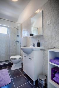La salle de bains est pourvue d'un lavabo, de toilettes et d'une douche. dans l'établissement Apartments Dalia, à Vis