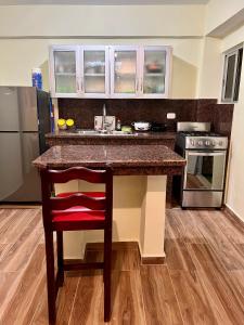 a kitchen with a counter with a sink and a stove at Hotel Maria Bonita Higüey in Higuey