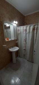 a bathroom with a sink and a shower and a mirror at CASA VERDE 1 depto in Carhué