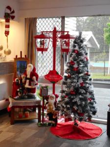a christmas tree in front of a christmas tree at Molly Morgan Motor Inn in Maitland