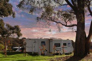 a white trailer parked in a field next to a tree at Woodmans Hill Motel in Ballarat