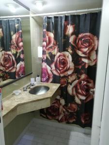 a bathroom with a sink and a shower curtain with roses at Premium Down Town in Buenos Aires