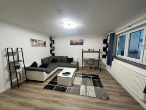 uma sala de estar com um sofá e uma mesa em Ferienwohnung Raiffeisenstraße -groß- em Obernburg am Main