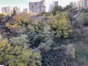 an overhead view of a hill with trees and buildings at Saburtalo Apartment Tbilisi in Tbilisi City