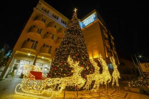 a christmas tree and lights in front of a building at Pollock Hotel, Ribarska Banja in Ribarska Banja