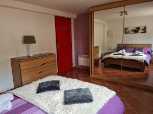 ein Schlafzimmer mit einem Spiegel und einem Bett und einem Bett sidx sidx sidx in der Unterkunft L occitane in Gimont + 90 Fotos