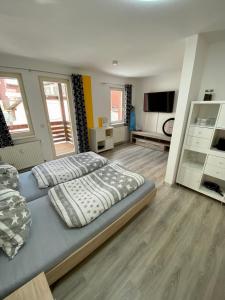 een slaapkamer met 2 bedden en een flatscreen-tv bij Apartment 2P. Balkon Zentral 1.4 in Bad Sooden-Allendorf