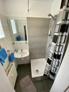 een kleine badkamer met een douche en een wastafel bij Apartment 2P. Balkon Zentral 1.4 in Bad Sooden-Allendorf