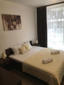 a bedroom with a bed with two pillows and a window at ASPEN GOLF RESORT Ski & Spa RELAX APARTMENT in Bansko