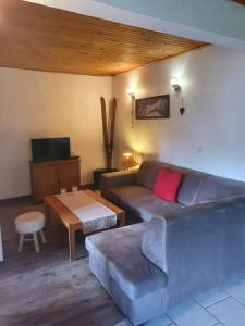 a living room with a couch and a table at Le chalet de Flo in Séez