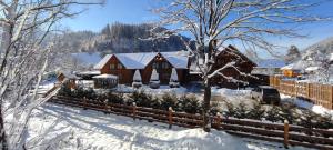 a house covered in snow next to a fence at Mini Hotel Zakrut in Tatariv