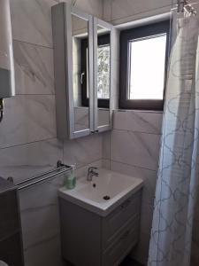 y baño con lavabo, espejo y ducha. en Apartmani Kamavu, en Jahorina