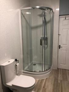 La salle de bains est pourvue d'une douche en verre et de toilettes. dans l'établissement 4 bed city centre flat, à Liverpool