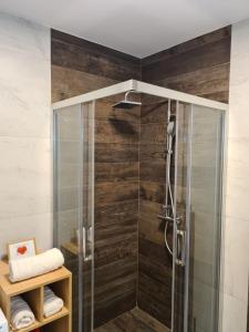 a shower in a bathroom with wooden walls at Stay and Spa Sarajevo Penthouse in Sarajevo