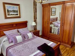 um quarto com uma cama com almofadas roxas e um espelho em CASA RURAL COSTALAGO em Hontoria del Pinar