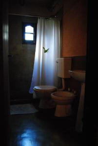 a bathroom with a toilet and a sink and a window at CABAÑAS LA ARBOLEDA DE TOMASA in Villa Rumipal