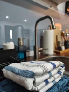 a towel is sitting on a kitchen sink at Appartement Sterne in Senftenberg