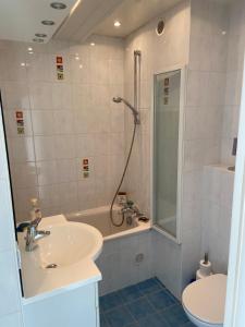 uma casa de banho com um lavatório, um chuveiro e um WC. em Marina em Le Touquet-Paris-Plage