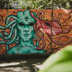 a wall with an octopus painted on it at Hostel Marthi Itamambuca in Ubatuba