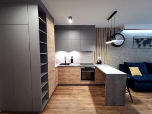 a kitchen with a counter and a blue couch at Apartament nad Odrą APARTMENT RIVER HOUSE in Szczecin +4 photos