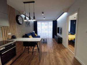 a kitchen and living room with a table and a couch at Apartament nad Odrą APARTMENT RIVER HOUSE in Szczecin