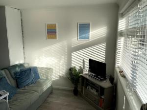 a living room with a couch and a television at Self-catering studio in beautiful Charmouth in Charmouth