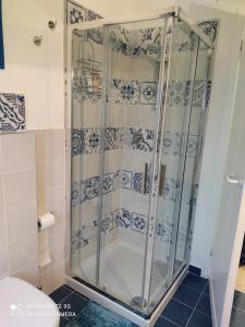 a shower in a bathroom with blue and white tiles at B&B Sanremo dely' house in Sanremo +26 photos