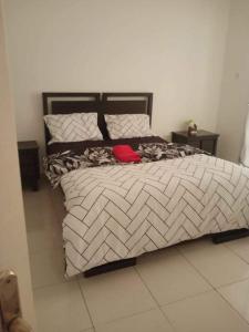 Un dormitorio con una cama grande con un objeto rojo. en Furnished hone stay villa with attached bathroom with balcony en El Ain