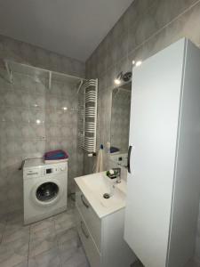 La salle de bains est pourvue d'un lave-linge et d'un lavabo. dans l'établissement Apartament nad Balatonem, à Varsovie