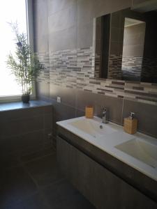 ein Badezimmer mit einem weißen Waschbecken und einem Spiegel in der Unterkunft Appartement proche stations de ski et thermales in Luz-Saint-Sauveur + 7 Fotos