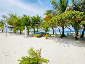 a beach with palm trees and a boat on it at LVM Bodufolhudhoo in Bodufolhudhoo