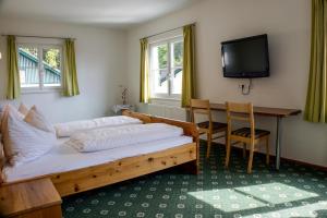 a bedroom with a bed and a table and a television at Gasthof Dreiländereck in Schwarzenberg am Bohmerwald