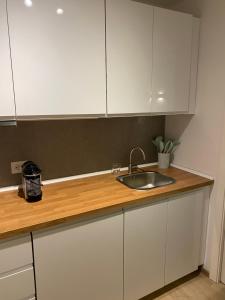 a kitchen with white cabinets and a sink at Baita Carlo Magno in Madonna di Campiglio