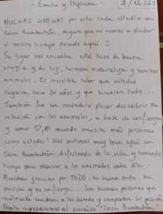 a handwritten note on a white paper at Casa Bambután in Palenque