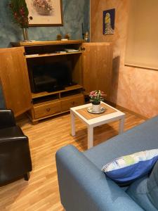 a living room with a couch and a tv and a table at Apartamento La Plazuela in Almagro