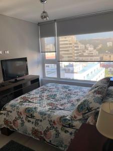 a bedroom with a bed and a flat screen tv at Departamento 3 poniente Viña del Mar in Viña del Mar