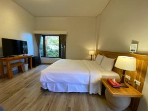 Habitación de hotel con cama y TV en The fairy land - Lala Mountain, en Fuxing