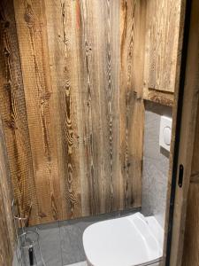 a bathroom with a toilet and a wooden wall at Appartement 4 à 5 personnes in Val dʼIsère
