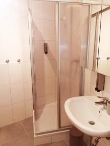 a bathroom with a shower and a sink at Ferienwohnung Cooldog Kuschelnest in Imst