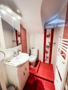 W łazience znajduje się umywalka i toaleta wyłożona czerwonymi kafelkami. w obiekcie BLUE CAVE LUXURY MAISONETTE View to the Corinthian Sea w mieście Xylokastron