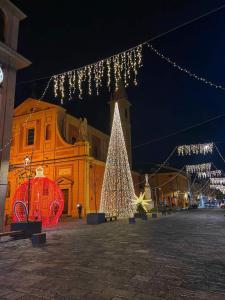 a christmas tree in front of a building with lights at A casa dalla Fra 2 in Castelfranco Emilia