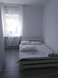 a bedroom with a bed and a window with white walls at Apartamenty pod Kicarzem in Piwniczna-Zdrój