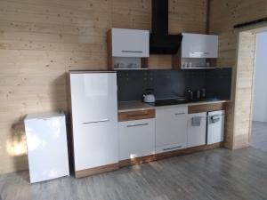 a kitchen with white appliances and a wooden wall at Apartamenty pod Kicarzem in Piwniczna-Zdrój